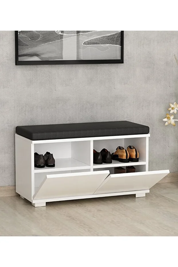 Drago Oturaklı Ayakkabılık ve Puf - Beyaz